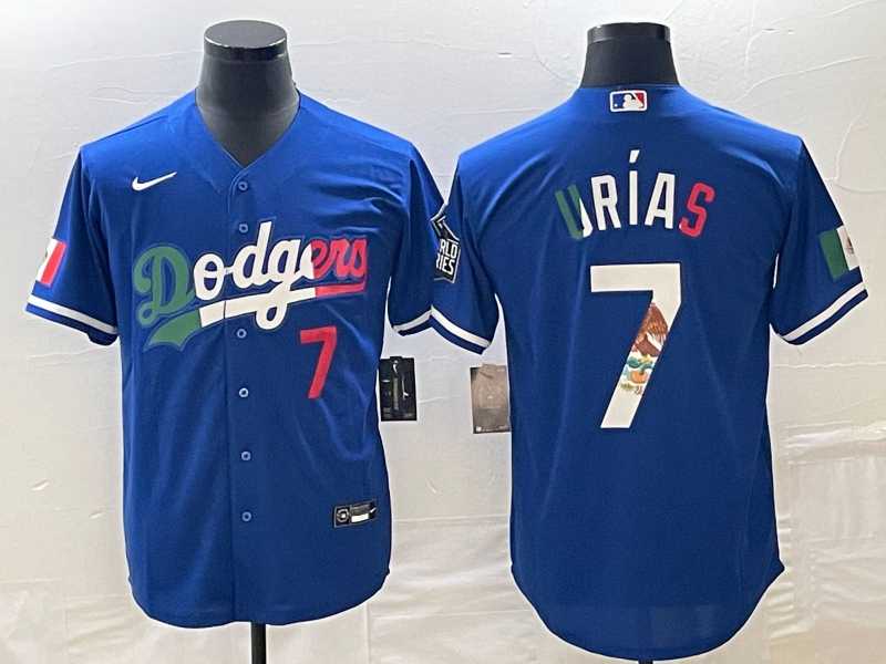 Mens Los Angeles Dodgers #7 Julio Urias Number Blue Cool Base Jerseys